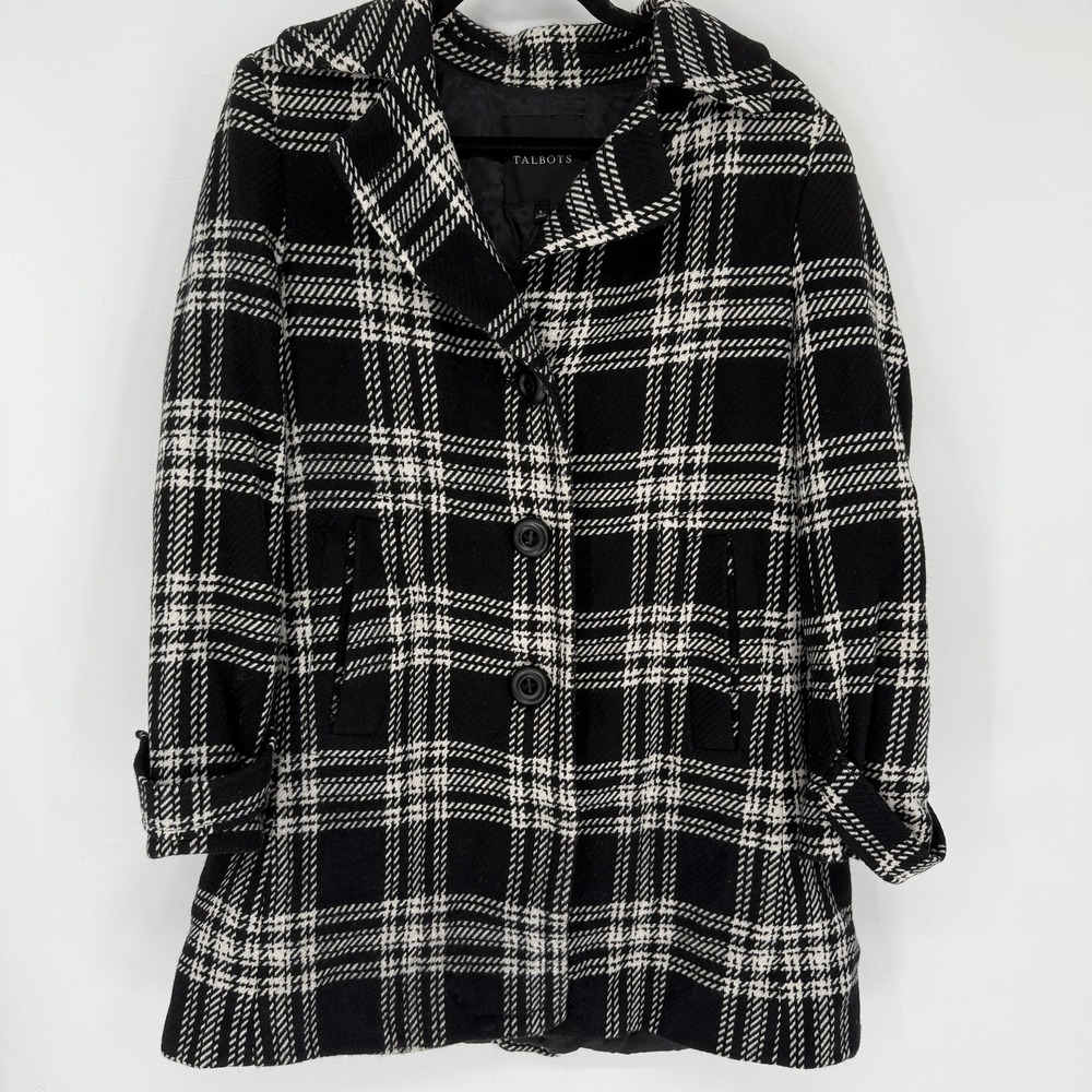 Talbots Coat Womens 6 Black White Plaid Wool Blend Button Front Lined Mid Length
